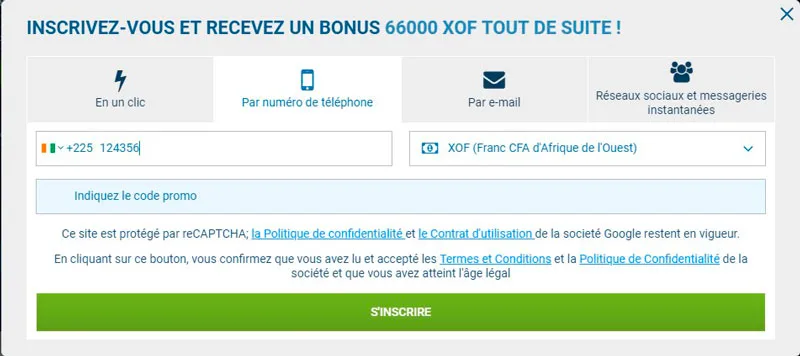 L'inscription sur 1xbet par numero de telephone