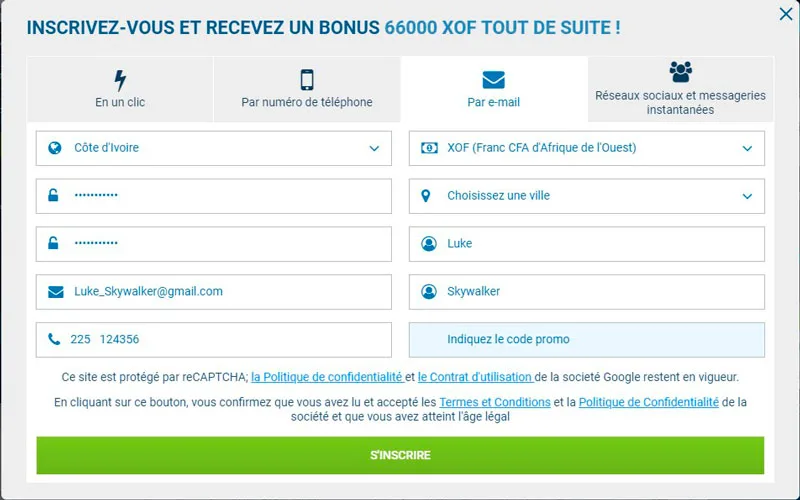 L'inscription sur 1xbet par email