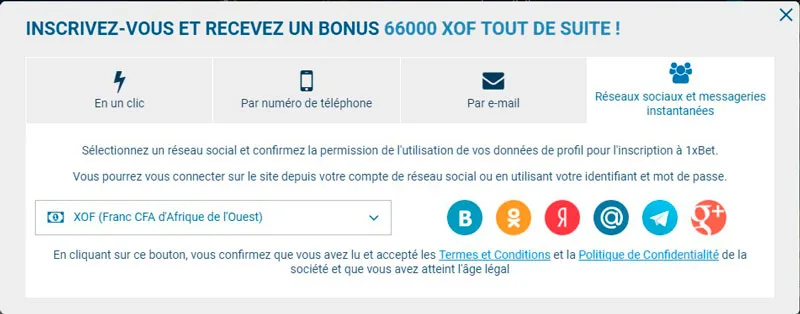 L'inscription sur 1xbet par peseauz sociaux et messageries instantanees