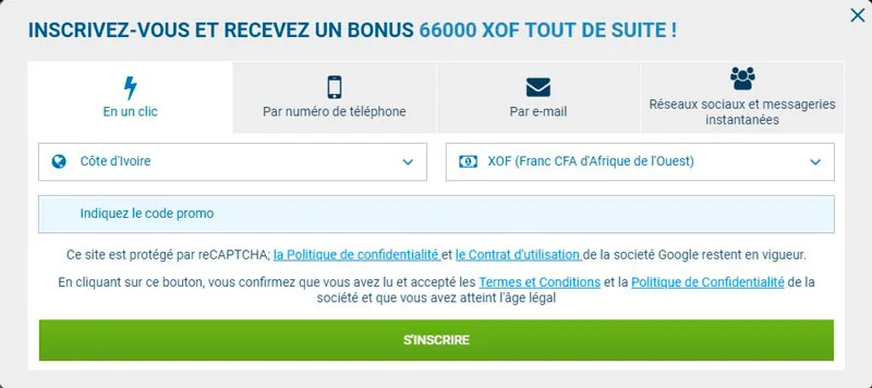 L'inscription sur 1xbet en un clic